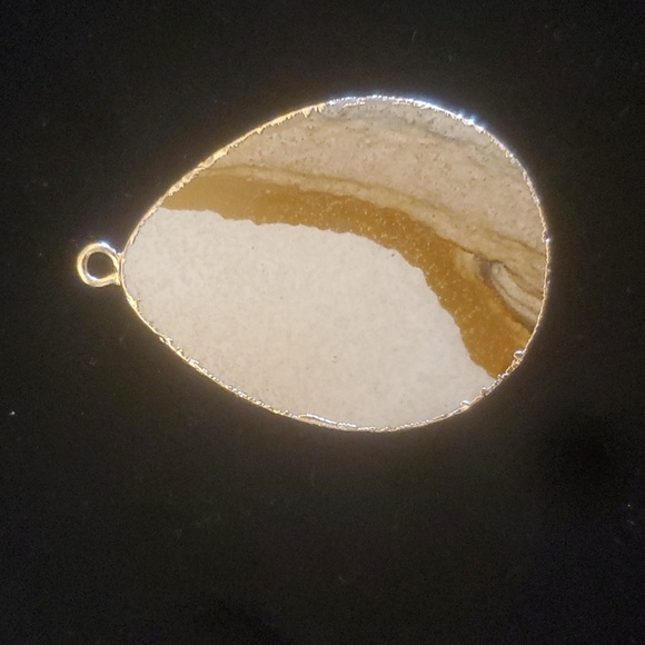 New Gold Wrapped Slice Picture Jasper Teardrop Pendant. - Picture 2 of 9